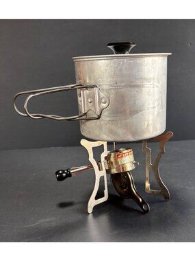 Sterno Camping Cook Set Alum Pot Folding Stand Flame Int And Extinguisher VTG80s